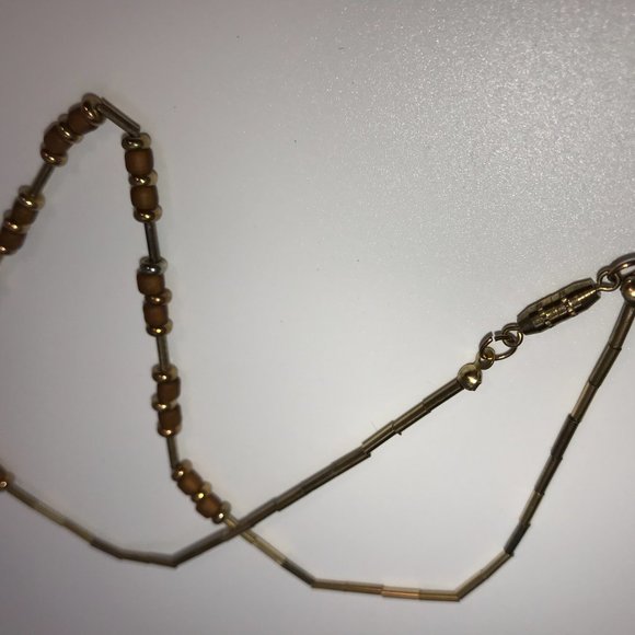 15" Golden Tube Seed Beads And Gold Beaded Necklace - Picture 4 of 4